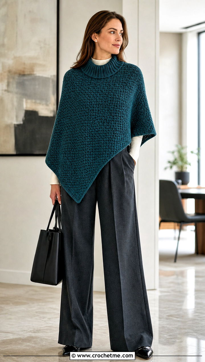 Ribbed Collar Crochet Poncho With Wide Leg Trousers - 25 Crochet Poncho With Collar outfit ideas