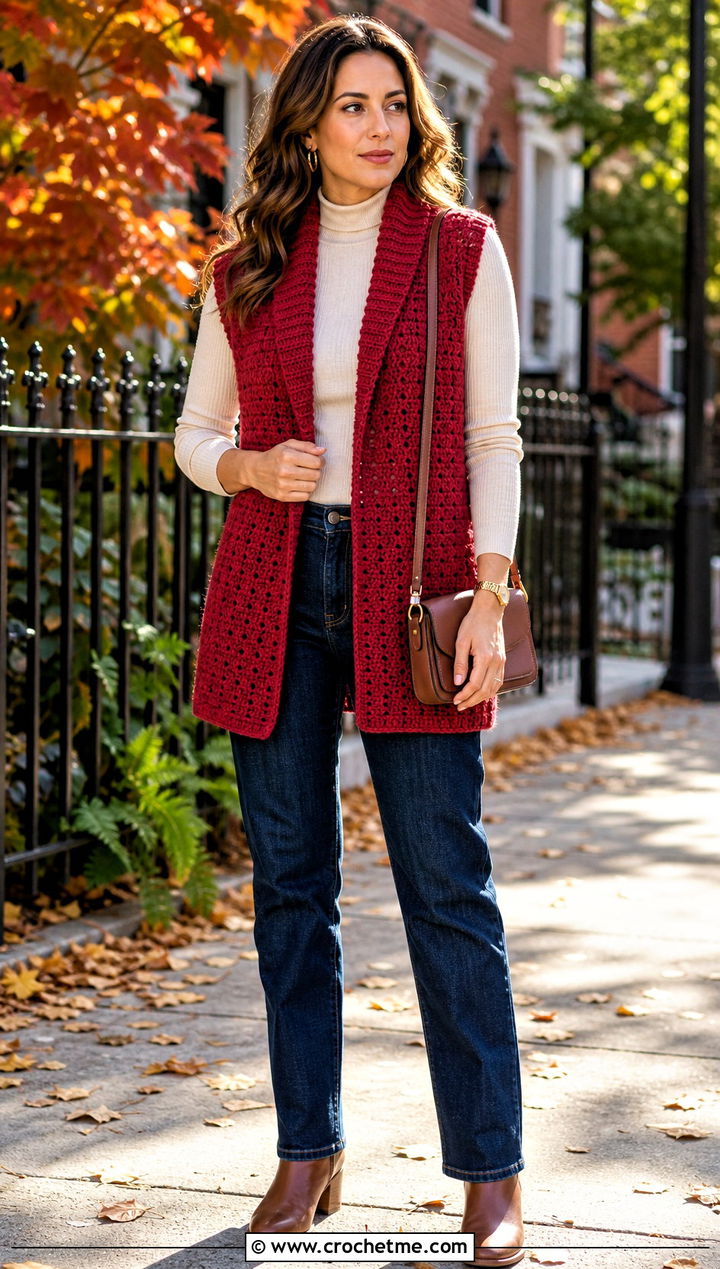 Ribbed Collar Crochet Shawl Vest With Turtleneck And Jeans - 25 crochet shawl vest outfit ideas