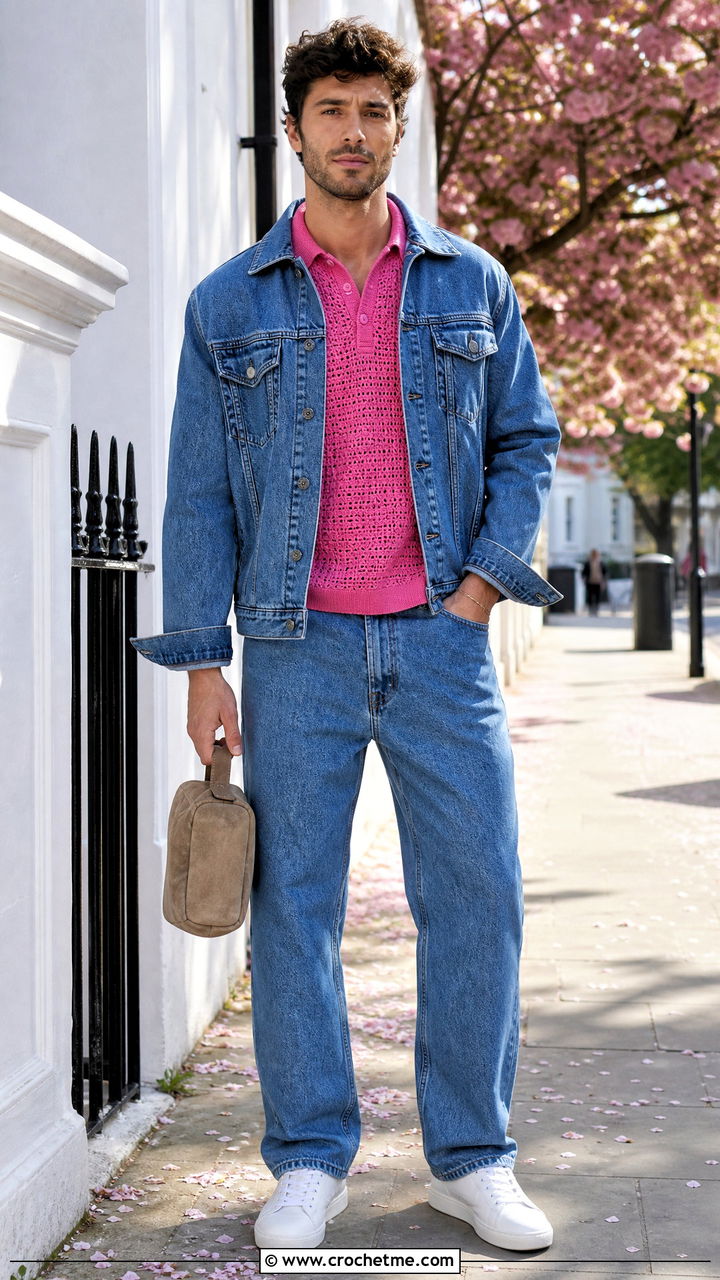 Ribbed Collar Crochet Shirt With Double Denim - 35 crochet male shirt outfit ideas