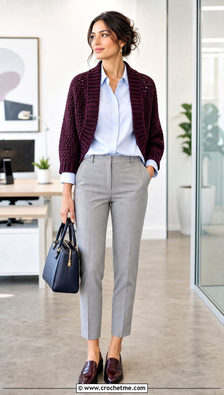 Ribbed Collar Crochet Shrug With Button Down Shirt - 25 cute crochet shrug outfit ideas