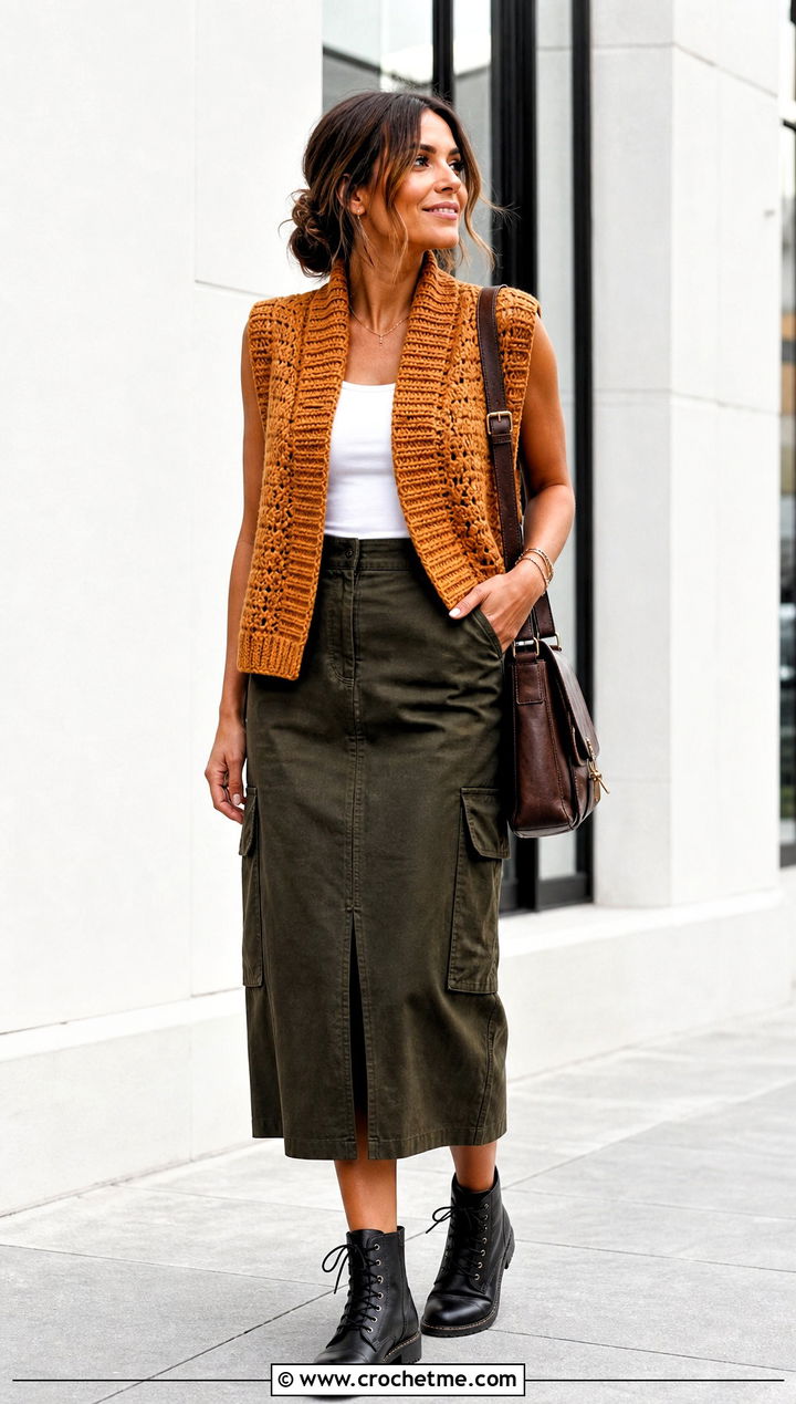 Ribbed Collar Crochet Vest With Utility Skirt - 25 crochet vest with collar outfit ideas