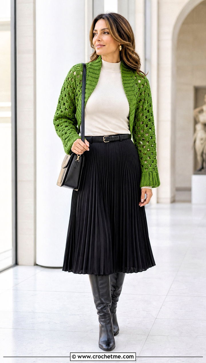 Ribbed Collar Granny Shrug With Pleated Midi Skirt - 25 Crochet Granny Shrug outfit ideas
