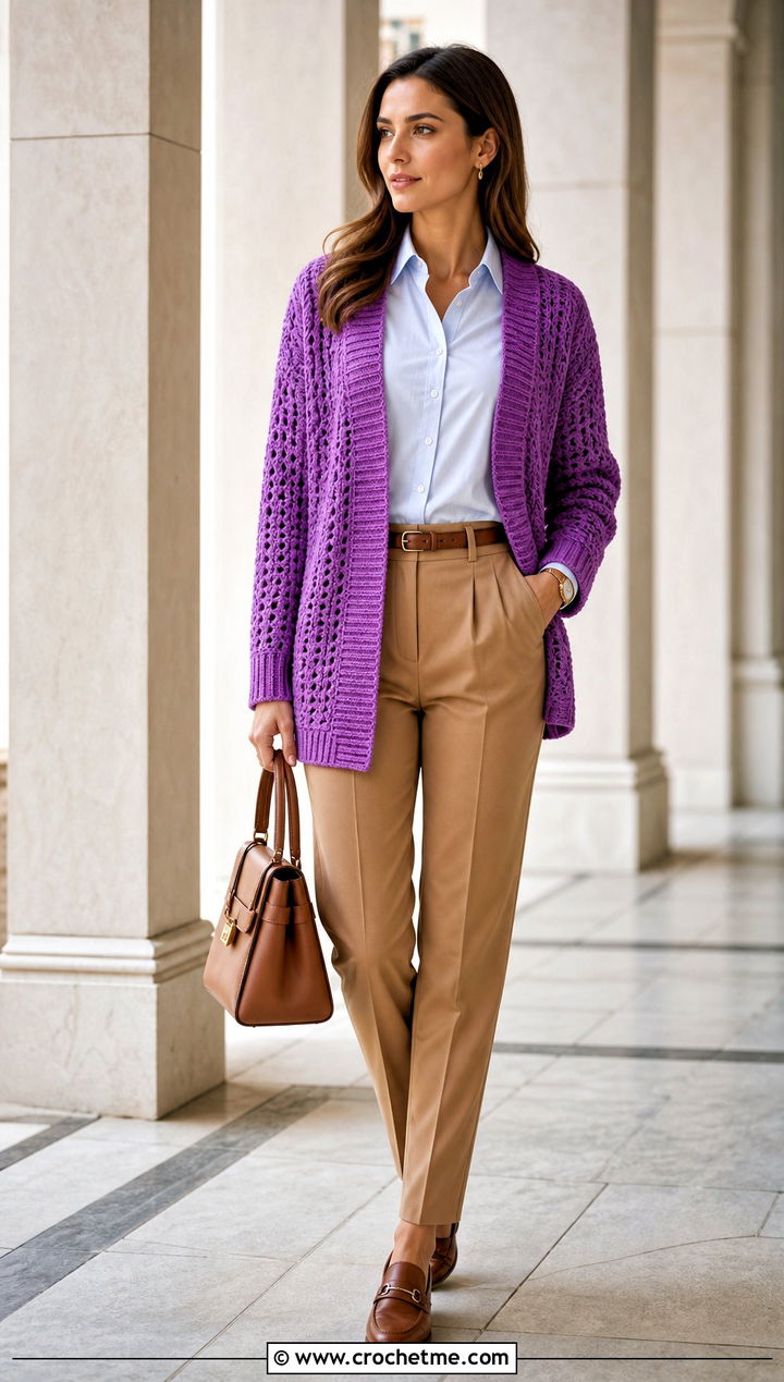 Ribbed Collar Rectangle Cardigan With Button Down Shirt - 15 Crochet Rectangle Cardigan outfit ideas
