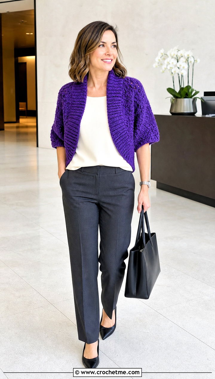 Ribbed Collar Rectangle Crochet Shrug With Tailored Trousers - 20 Rectangle Crochet Shrug outfit ideas