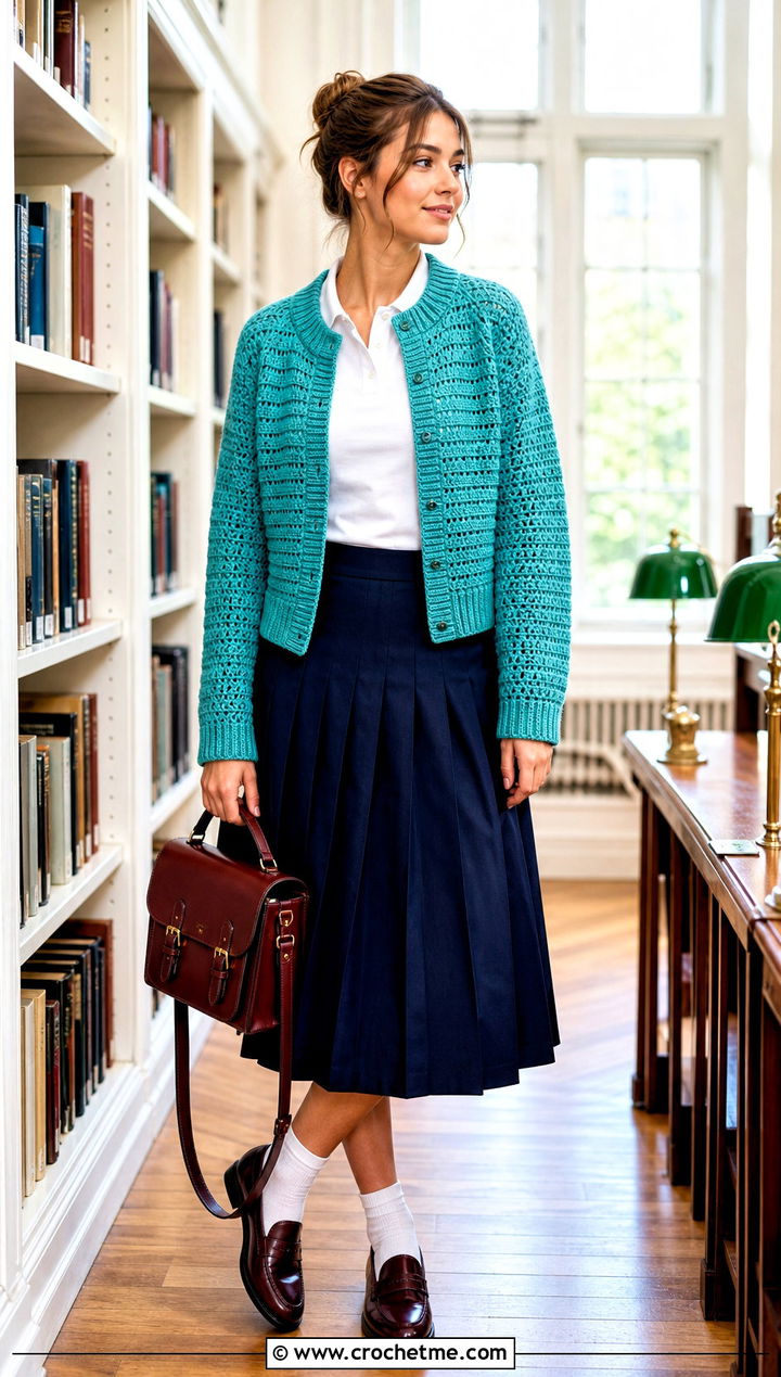 Ribbed Collar Riverbed Crochet Cardigan With Pleated Midi Skirt - 25 riverbed crochet cardigan outfit ideas