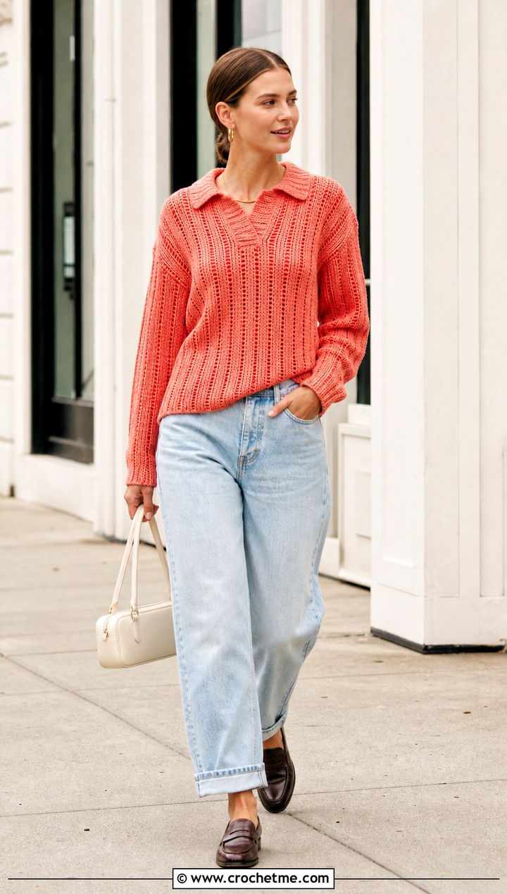 Ribbed Collared Crochet Sweater With Barrel Jeans - 20 Crochet Collared Sweater outfit ideas