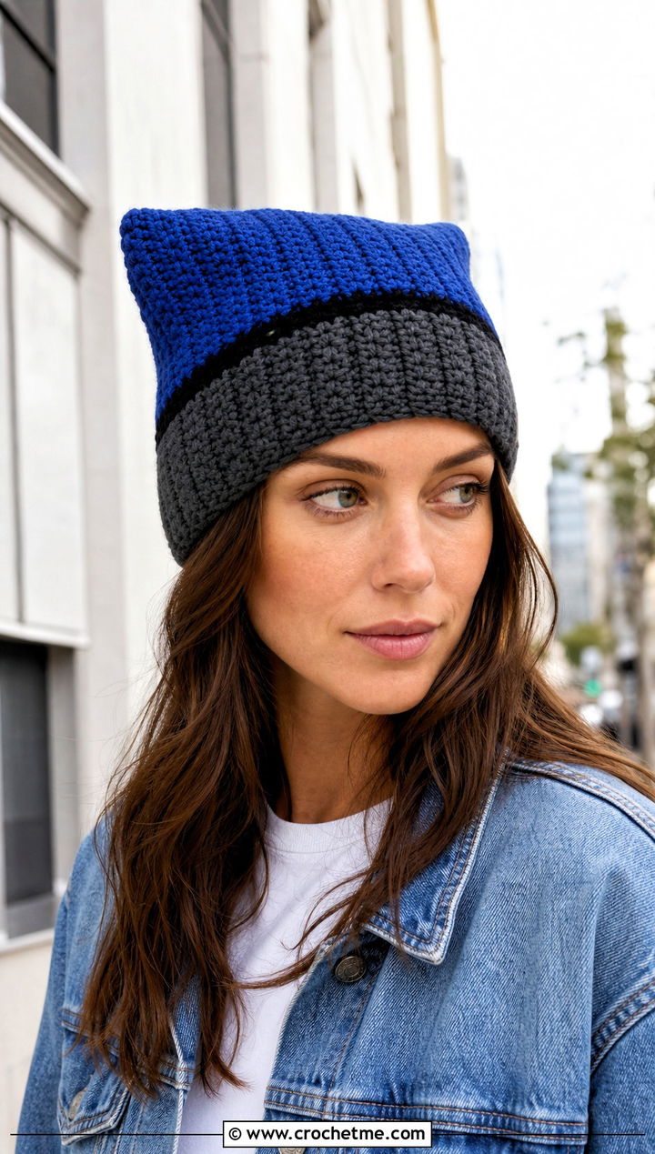 Ribbed Color Block Clancy Crochet Beanie With Denim Jacket And Jeans - 30 clancy beanie crochet outfit ideas