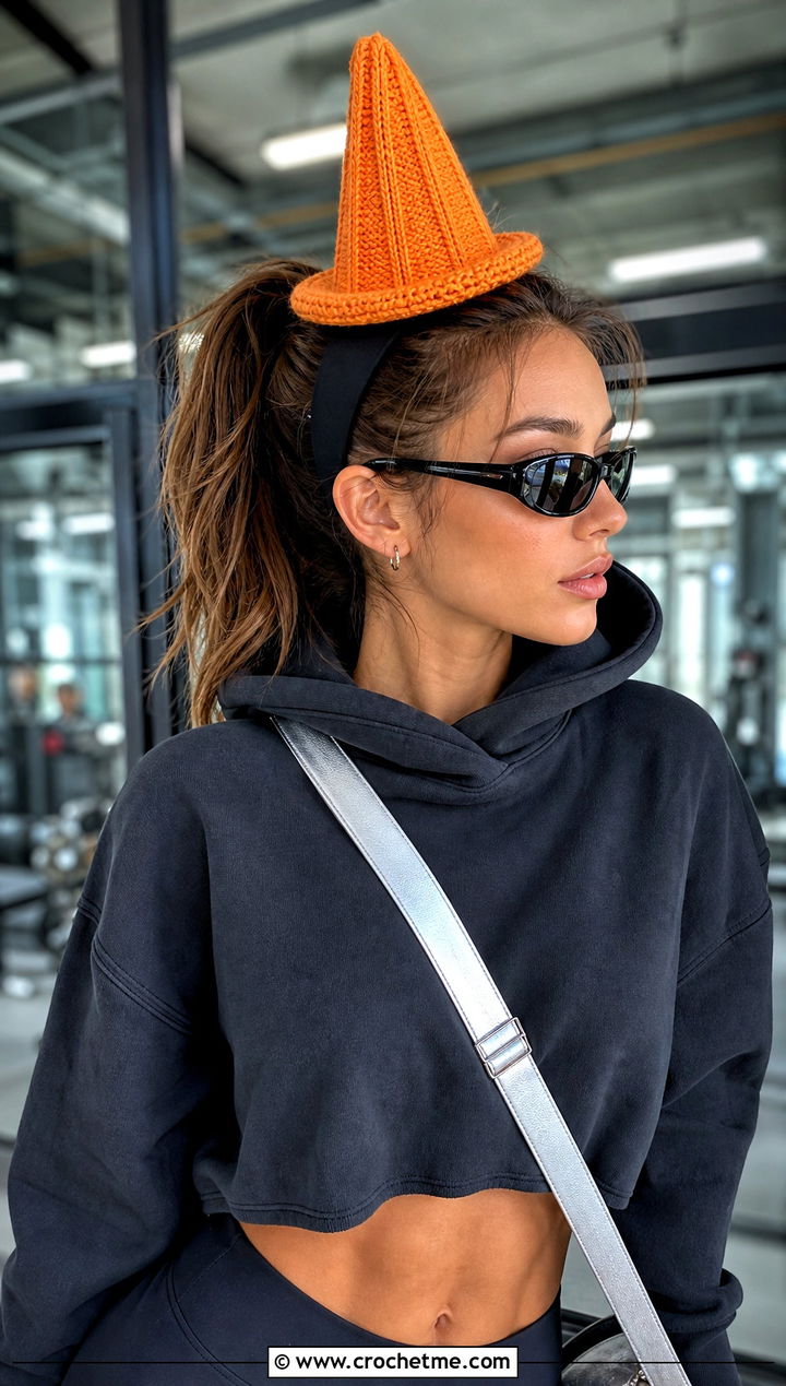 Ribbed Cone Crochet Mini Witch Hat With Athleisure - 25 Crochet Mini Witch Hat outfit ideas