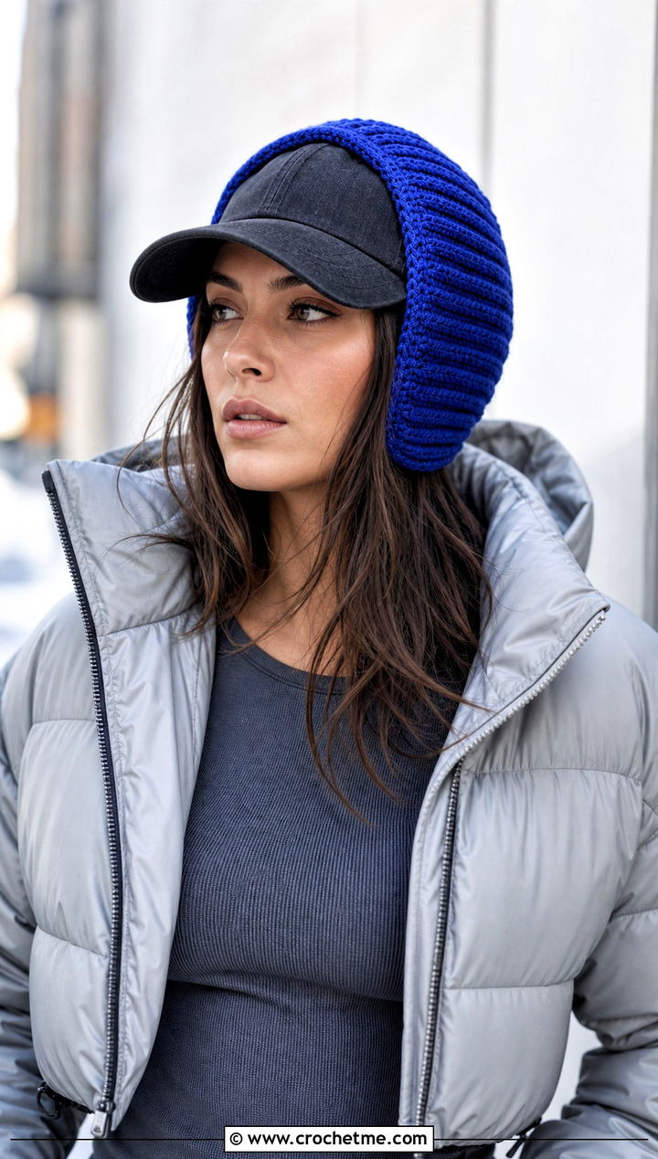 Ribbed Contoured Baseball Cap Ear Warmer With Puffer Jacket - 20 crochet baseball cap ear warmer outfit ideas