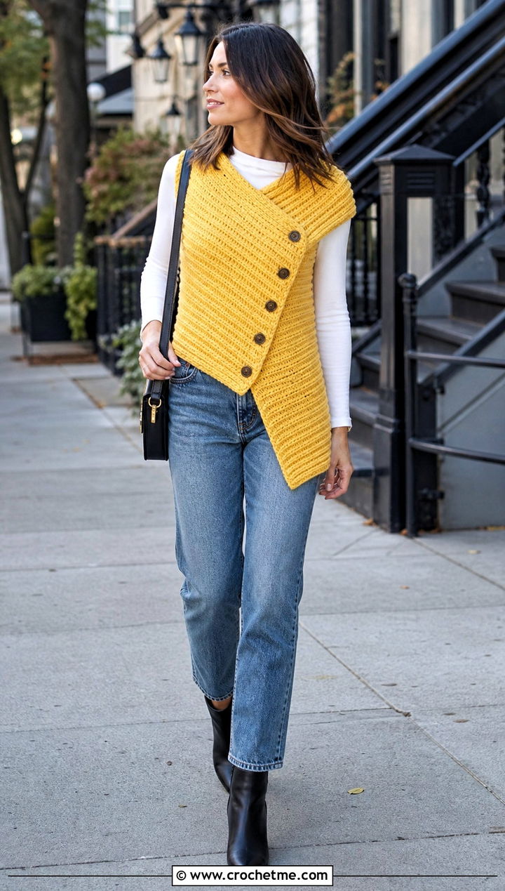 Ribbed Cowl Buttoned Crochet Wrap With Straight Leg Jeans - 15 Buttoned Crochet Wrap outfit ideas