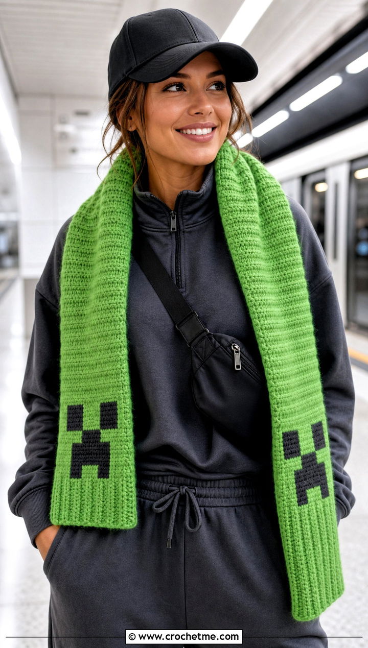 Ribbed Creeper Scarf With Athleisure Set - 15 minecraft creeper crochet scarf outfit ideas