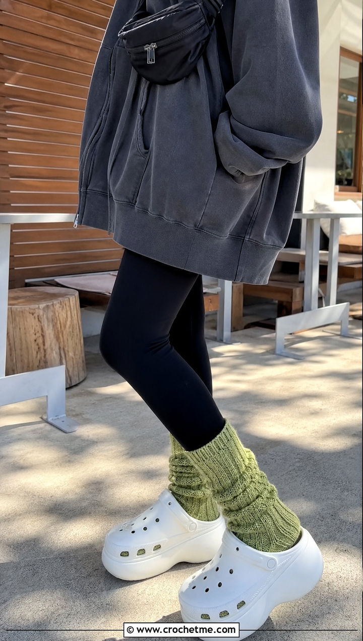 Ribbed Crew Crochet Socks With Leggings - 20 croc crochet socks outfit ideas