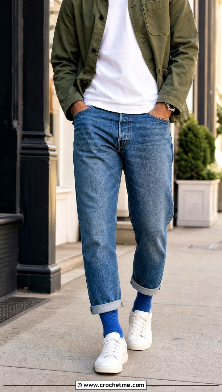 Ribbed Crew Crochet Socks With Straight Jeans - 25 Mens Crochet Socks outfit ideas