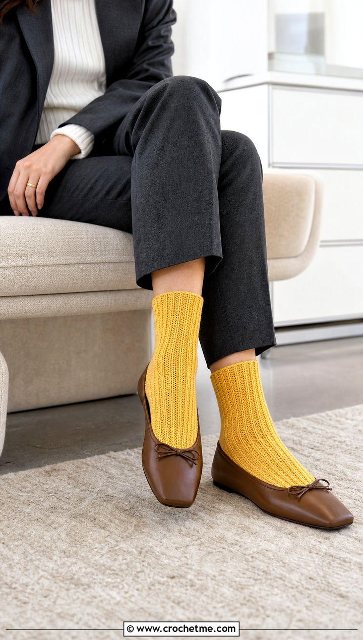Ribbed Crew Crochet Socks With Tailored Trousers And Flats - 15 crochet ladies socks outfit ideas