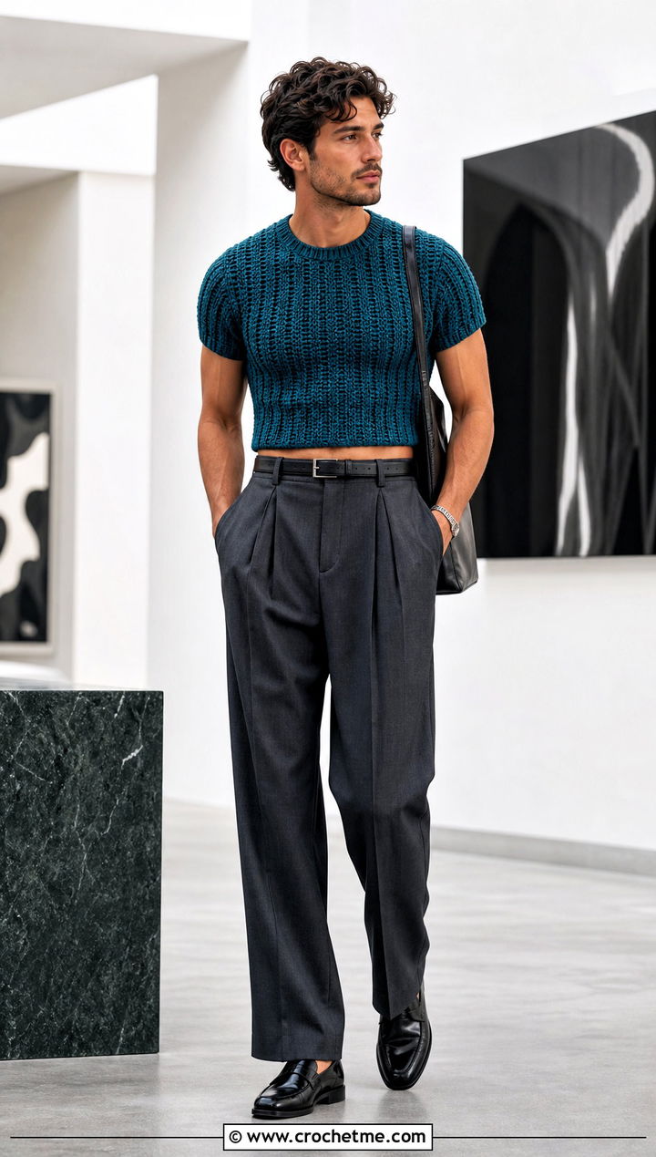 Ribbed Crew Neck Crochet Crop Top With Tailored Trousers - 25 Men Crochet Crop Top outfit ideas