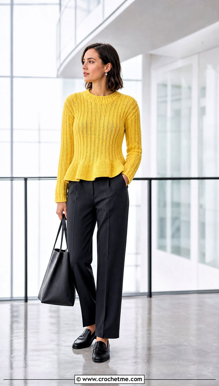Ribbed Crew Neck Crochet Peplum Sweater With Tailored Trousers - 15 Crochet Peplum Sweater outfit ideas