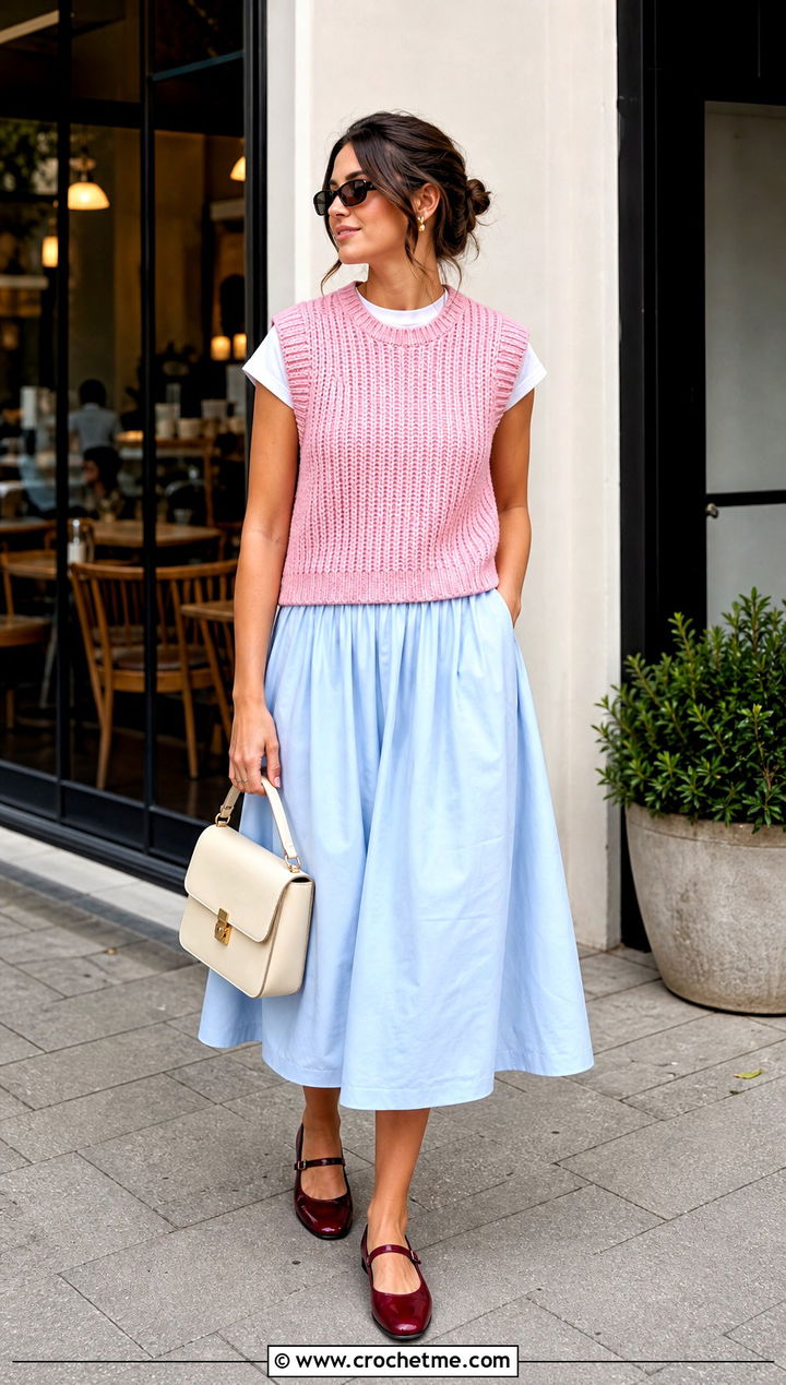 Ribbed Crew Neck Crochet Pullover Vest With Poplin Midi Skirt - 15 crochet pullover vest outfit ideas