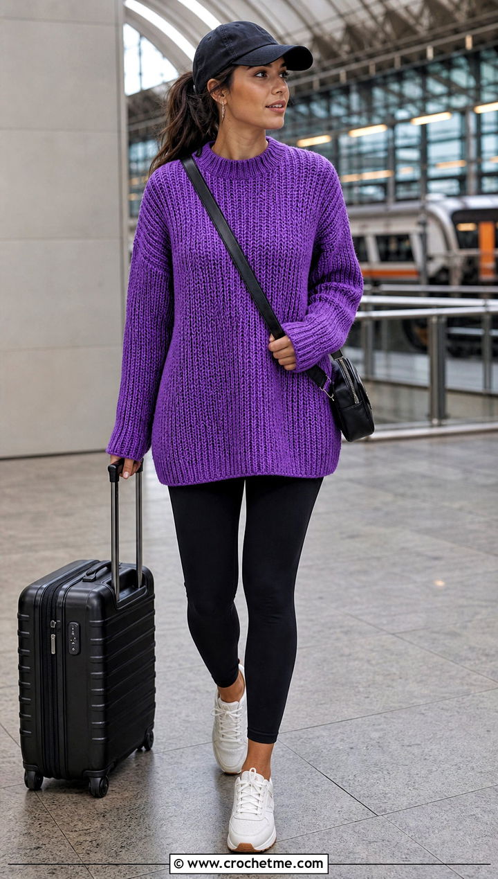 Ribbed Crewneck Chunky Crochet Sweater With Black Leggings - 25 Easy Chunky Crochet Sweater outfit ideas