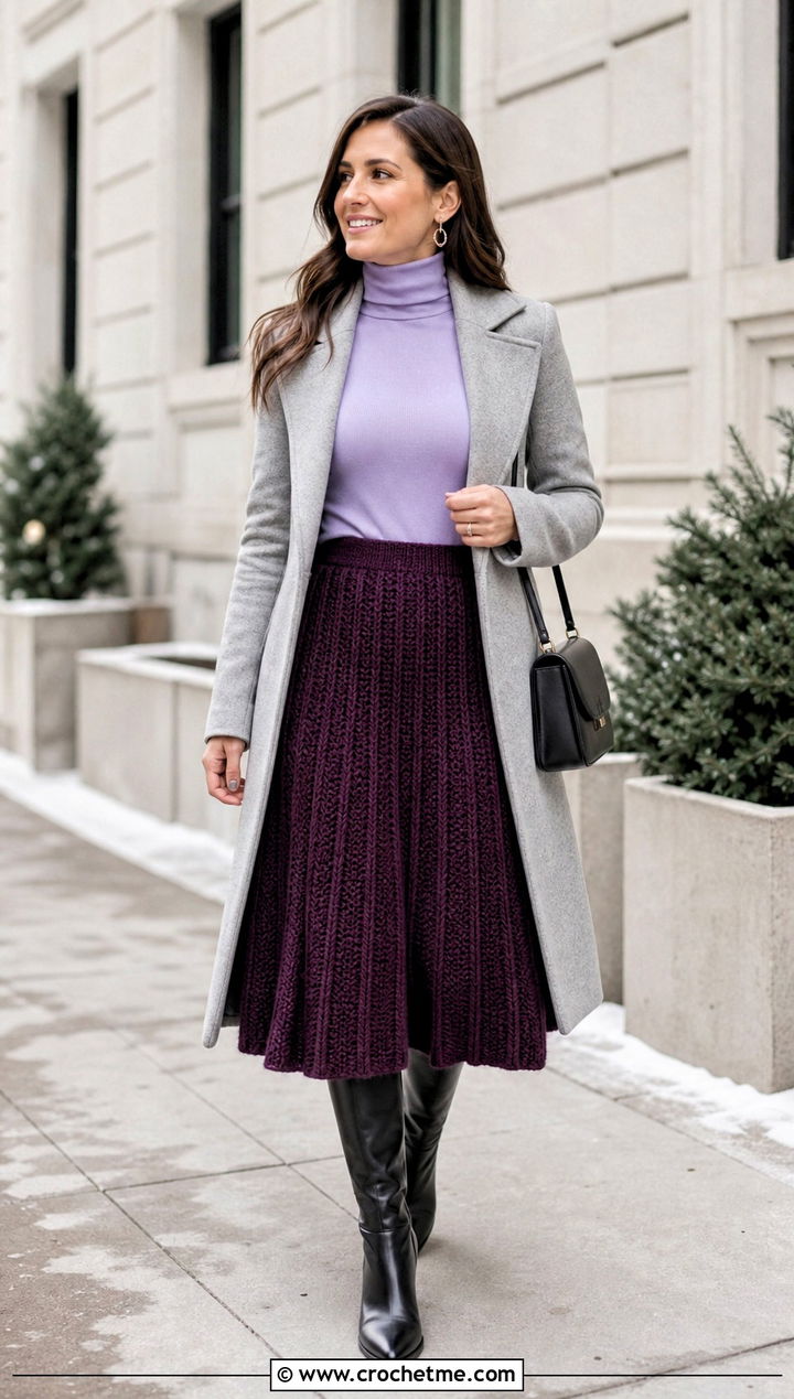 Ribbed Crochet A Line Skirt With Turtleneck And Boots - 25 Crochet A Line Skirt outfit ideas