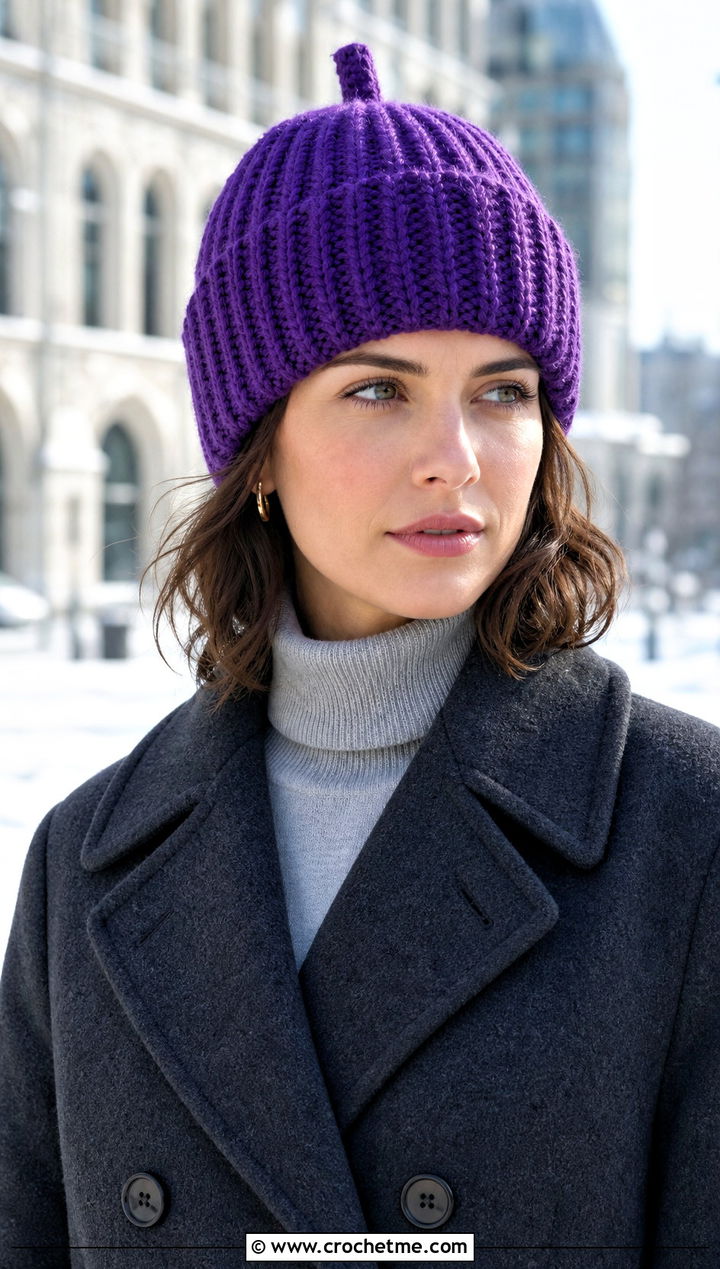 Ribbed Crochet Acorn Beanie With Tailored Coat - 30 crochet acorn hat outfit ideas