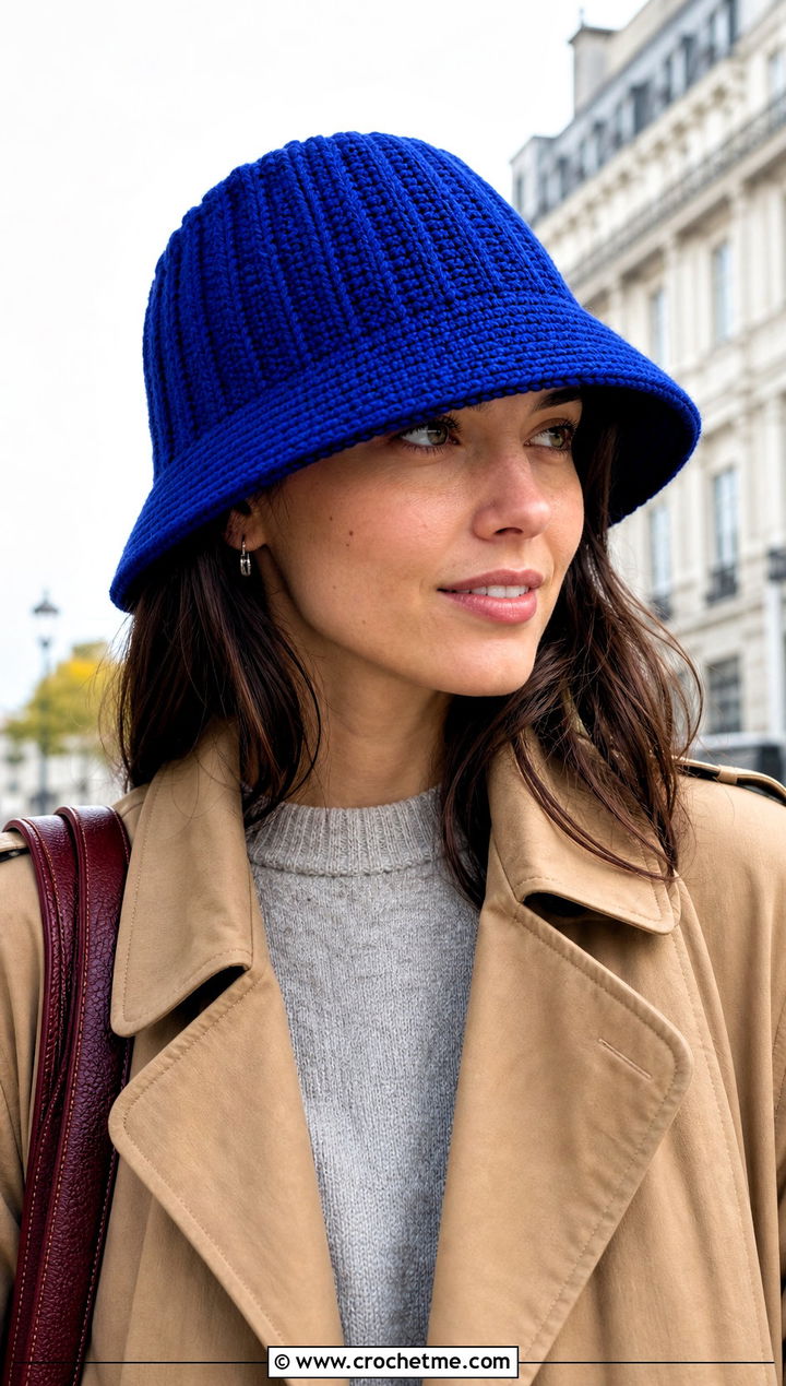 Ribbed Crochet Adult Bucket Hat With Trench Coat And Trousers - 25 crochet adult bucket hat outfit ideas