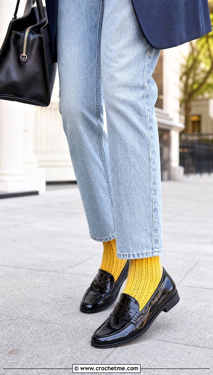 Ribbed Crochet Ankle Socks With Straight Leg Jeans - 35 easy crocheted socks outfit ideas