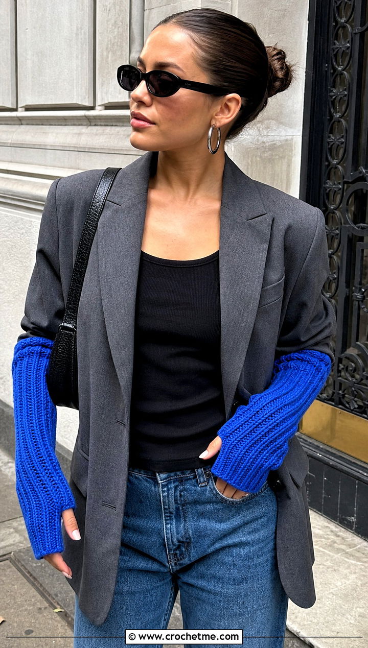 Ribbed Crochet Arm Warmers With Blazer And Jeans - 25 Crochet Arm Warmers Aesthetic outfit ideas
