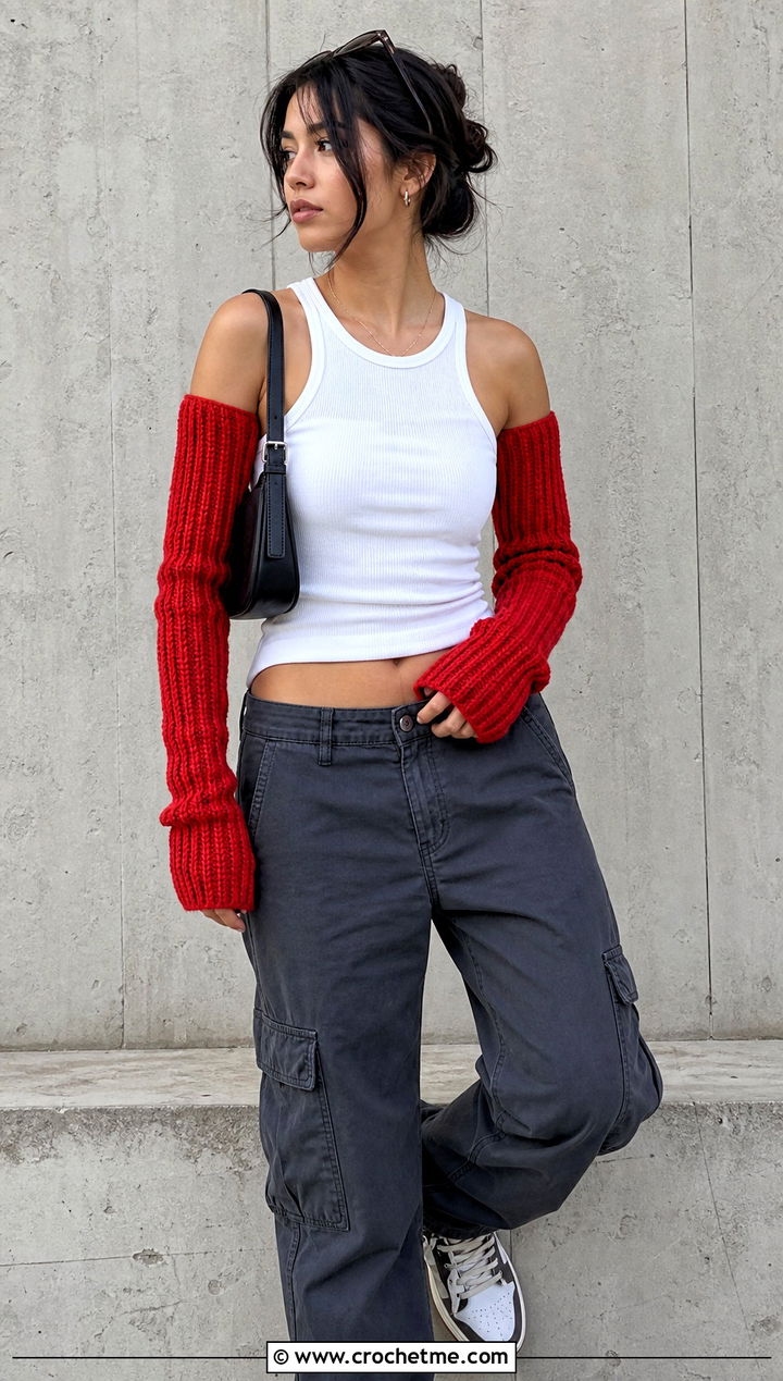 Ribbed Crochet Arm Warmers With Tank Top And Cargo Pants - 30 easy crochet hand warmers outfit ideas