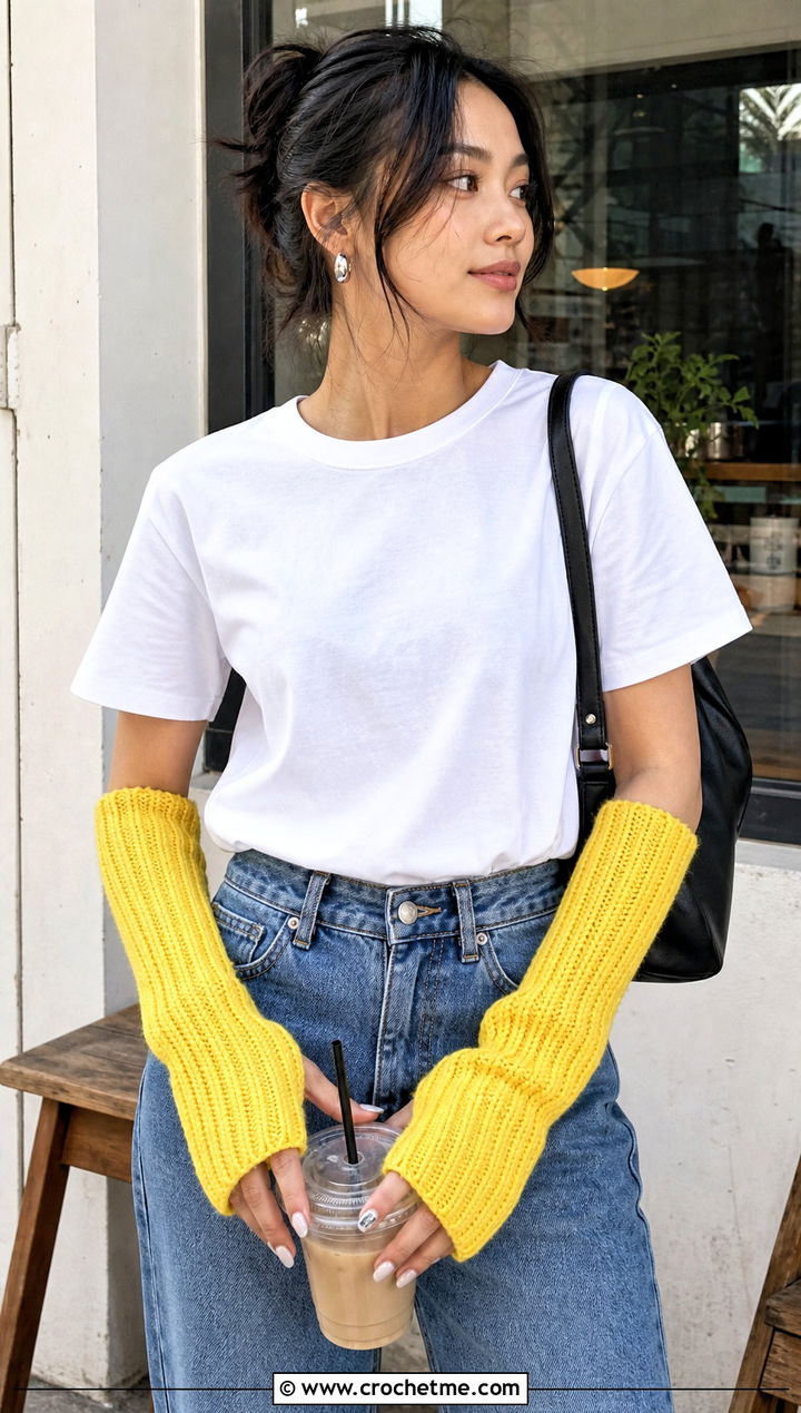 Ribbed Crochet Arm Warmers With White Tee And Jeans - 25 Easy Crochet Arm Warmers outfit ideas