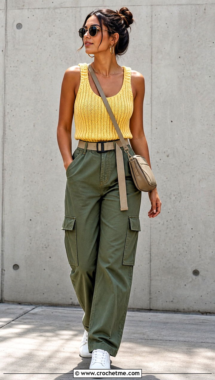 Ribbed Crochet Army Tank With Cargo Pants - 30 crochet army tank outfit ideas