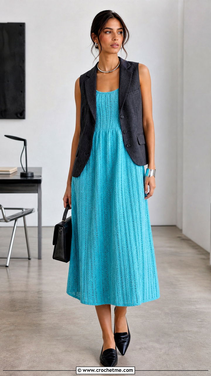 Ribbed Crochet Babydoll Dress With Tailored Vest - 35 crochet babydoll dress outfit ideas