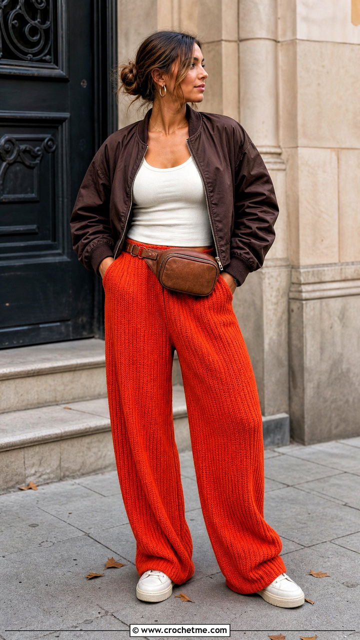 Ribbed Crochet Baggy Pants With Bomber Jacket - 35 crochet baggy pants outfit ideas