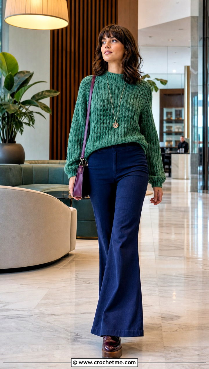 Ribbed Crochet Baggy Sweater With Flared Pants - 30 crochet baggy sweater outfit ideas