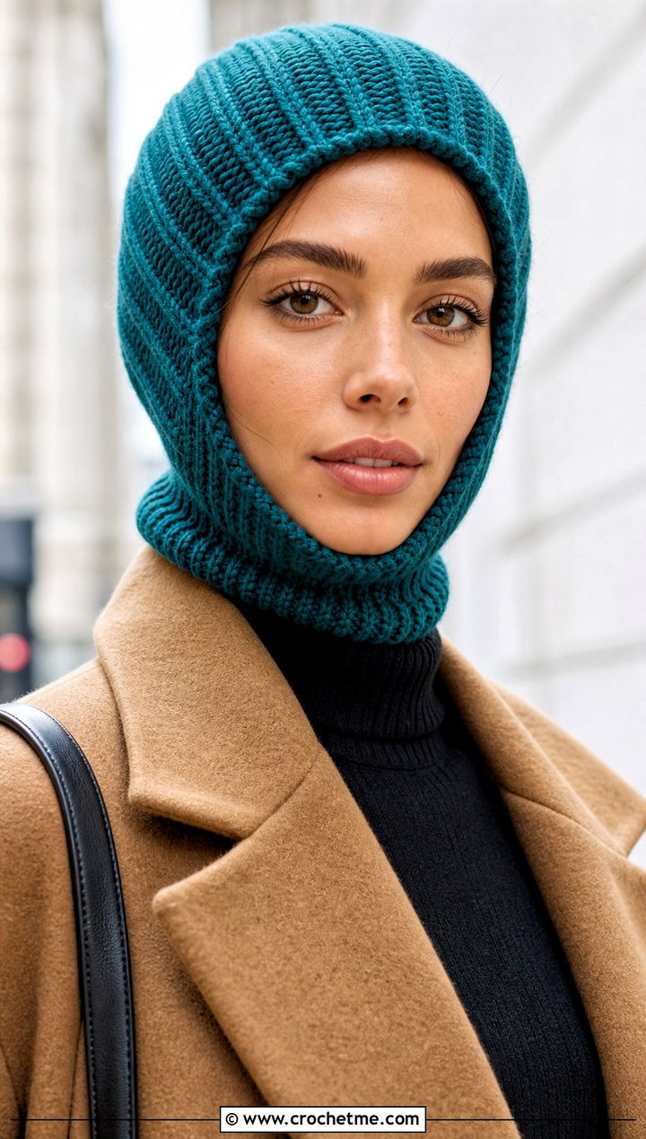 Ribbed Crochet Balaclava With Wool Coat - 25 crochet hood hat outfit ideas