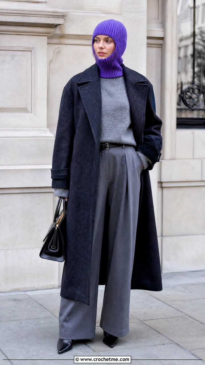 Ribbed Crochet Balaclava With Wool Coat And Trousers - 35 crochet balaclava outfit ideas