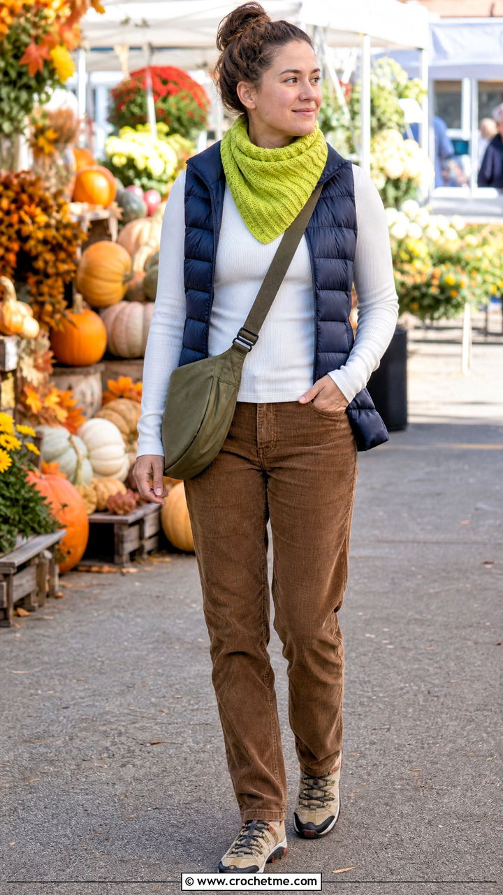 Ribbed Crochet Bandana Scarf With Puffer Vest - 35 crochet bandana scarf outfit ideas