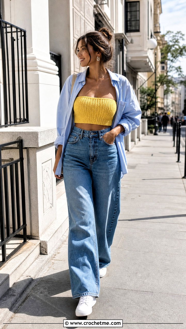 Ribbed Crochet Bandeau Top With Wide Leg Jeans - 30 crochet bando top outfit ideas