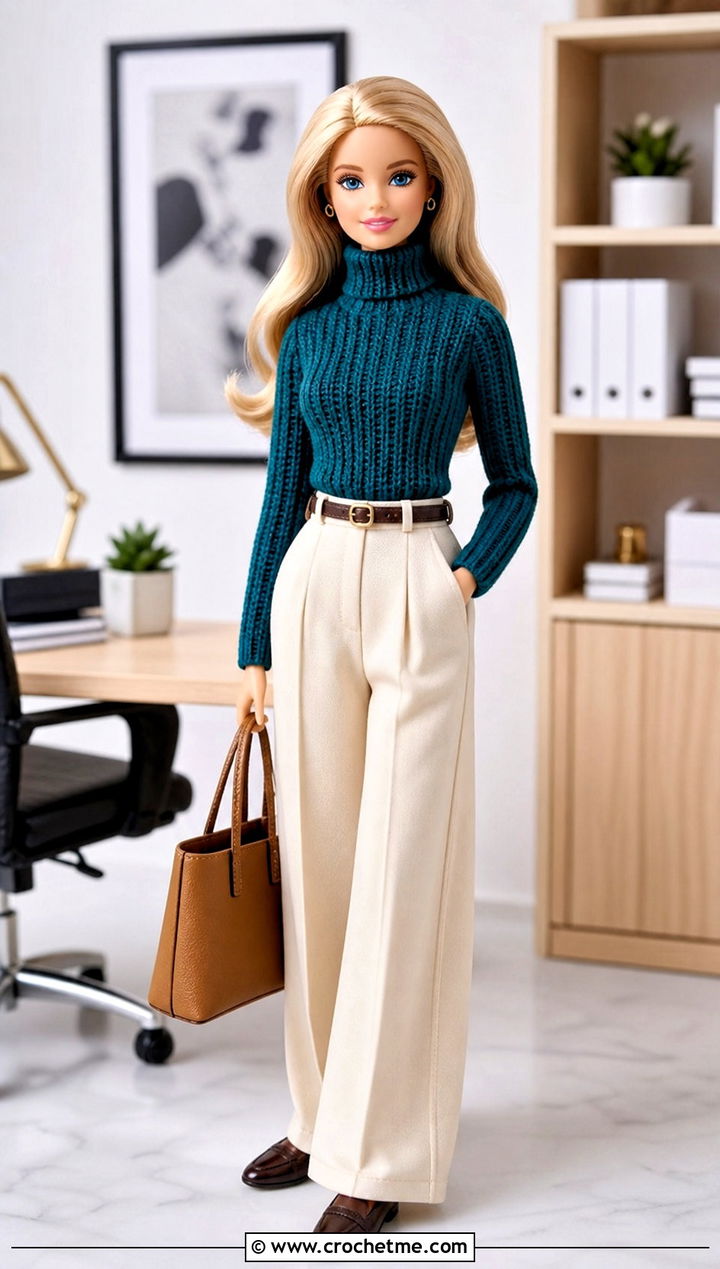 Ribbed Crochet Barbie Turtleneck With Pleated Trousers - 25 easy crochet barbie doll clothes and outfit ideas