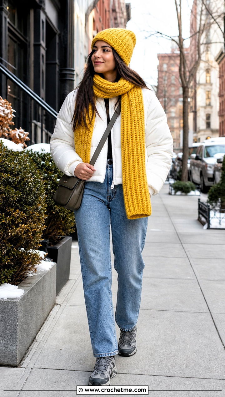 Ribbed Crochet Beanie And Long Scarf With Puffer Jacket - 35 crochet hat and scarf set outfit ideas