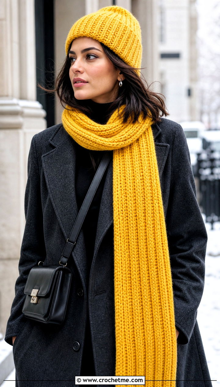 Ribbed Crochet Beanie And Long Scarf With Wool Coat - 25 crochet hat scarf outfit ideas