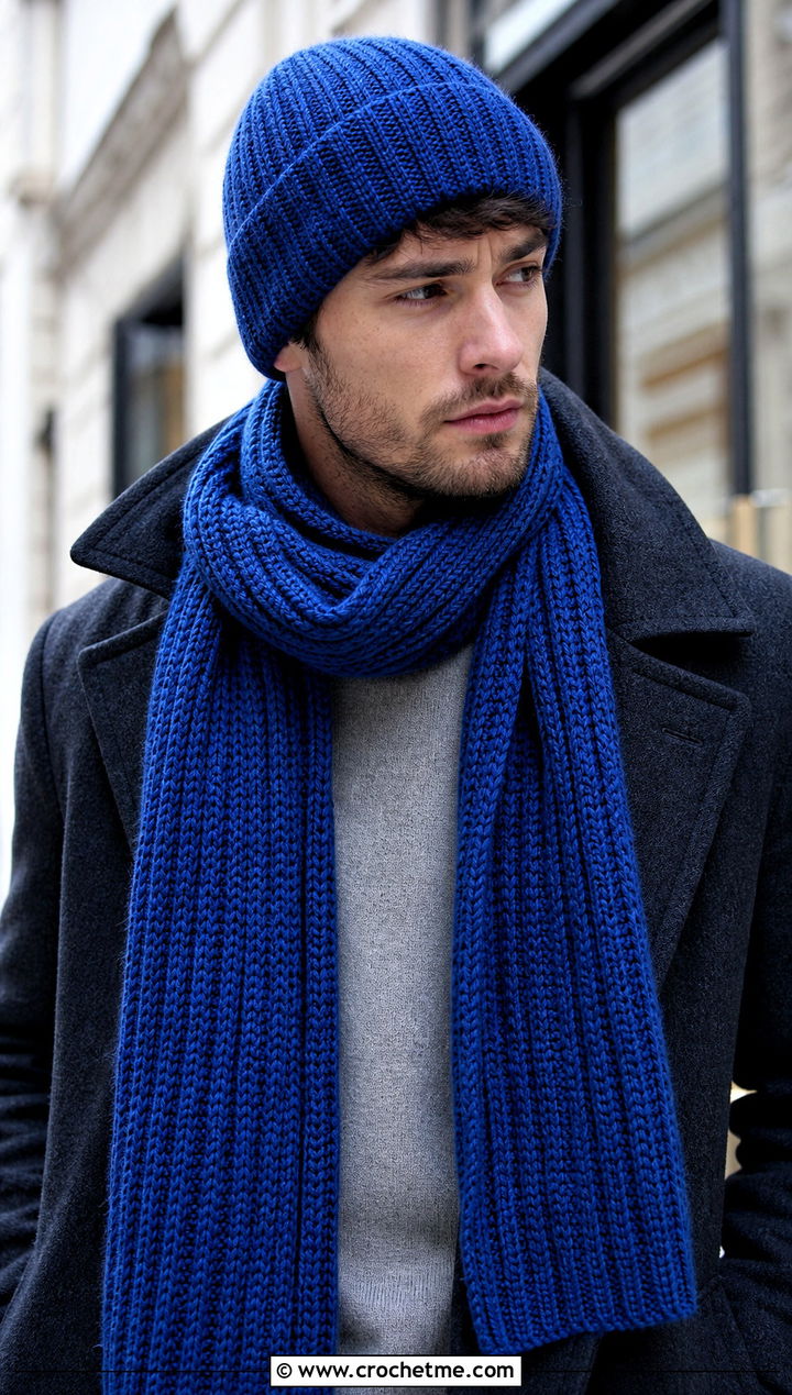 Ribbed Crochet Beanie And Long Scarf With Wool Overcoat - 20 Crochet Mens Hat And Scarf outfit ideas