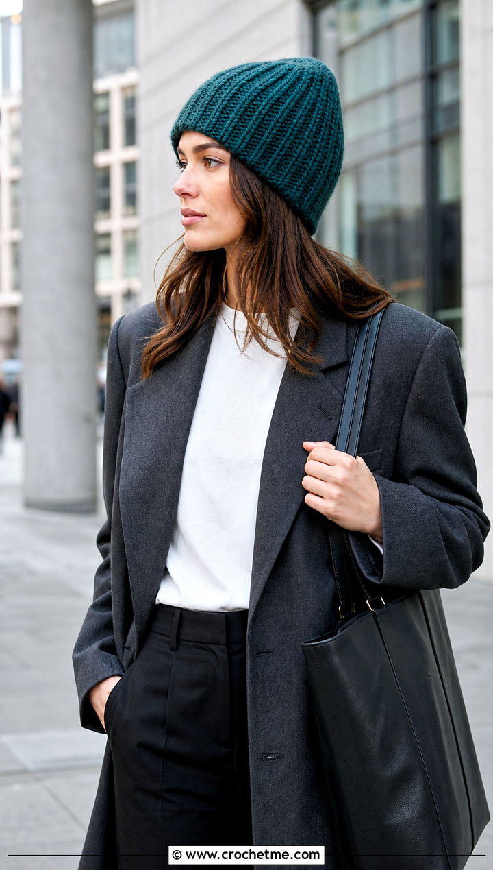 Ribbed Crochet Beanie With Blazer And Trousers - 20 classic crochet beanie outfit ideas