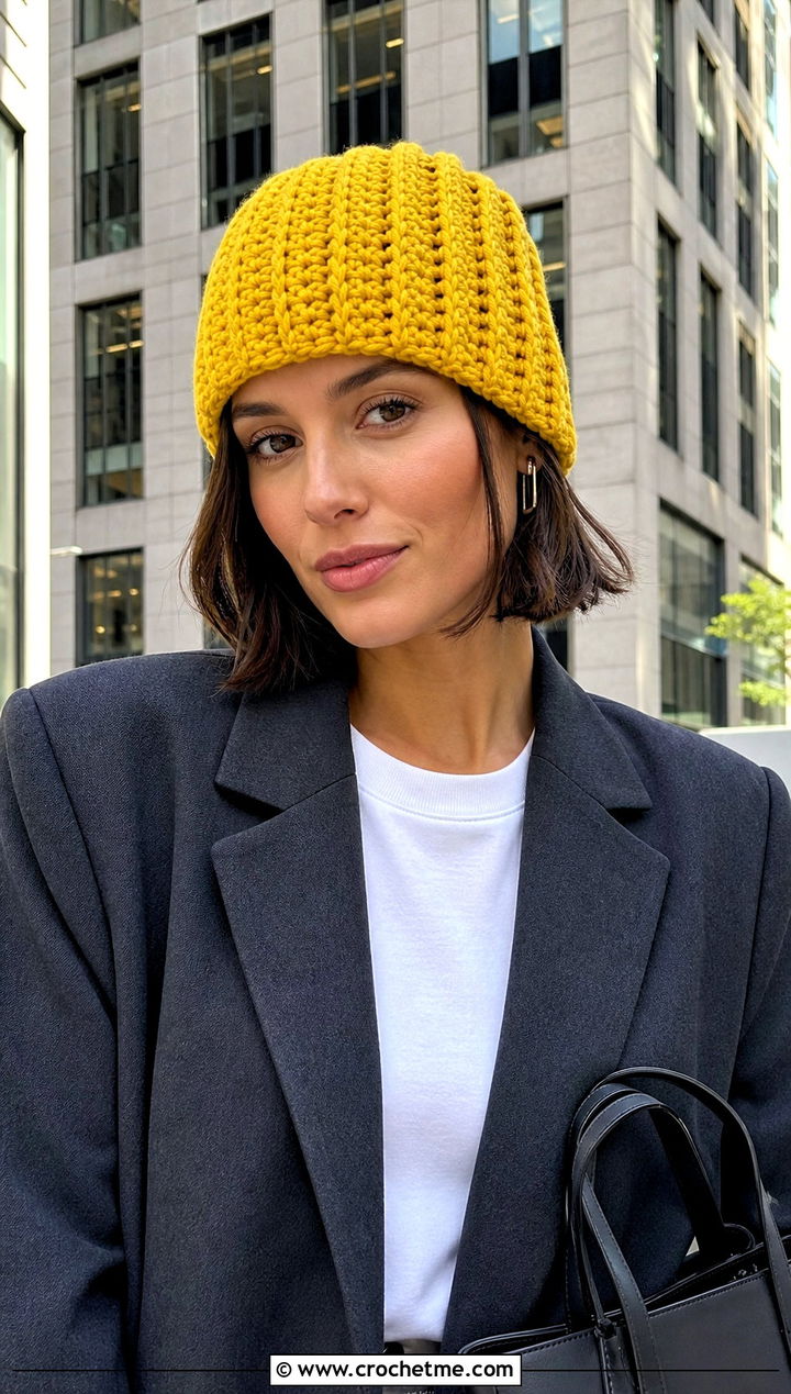 Ribbed Crochet Beanie With Blazer And Trousers - 25 easy crocheted hats outfit ideas