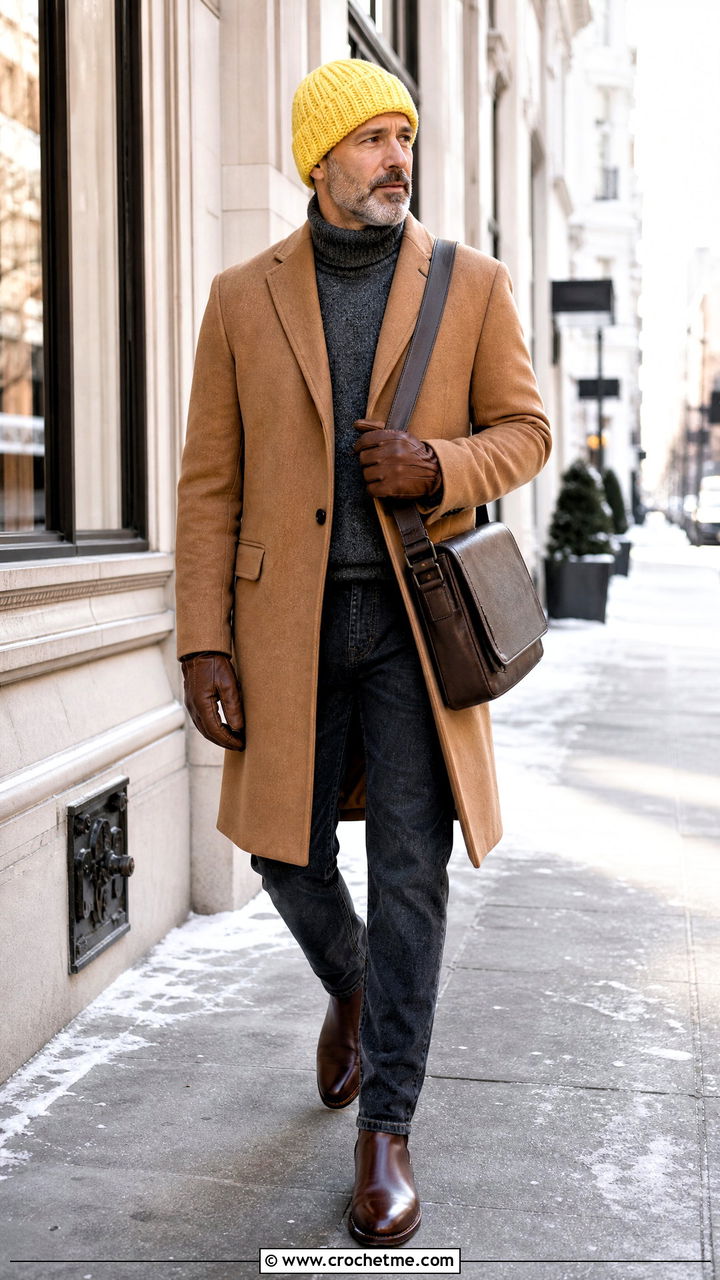 Ribbed Crochet Beanie With Camel Coat And Dark Denim - 35 crochet hat men outfit ideas