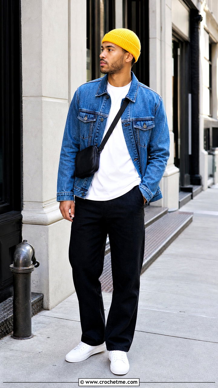 Ribbed Crochet Beanie With Denim Jacket - 35 crochet cap for men outfit ideas