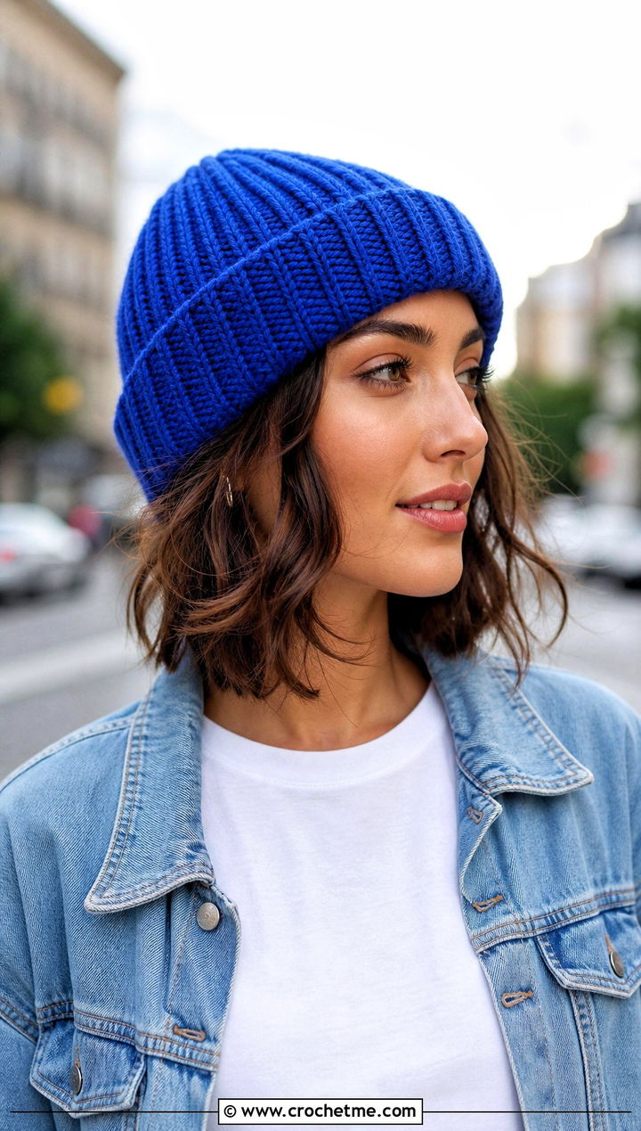 Ribbed Crochet Beanie With Denim Jacket - 25 crochet hat for beginners outfit ideas