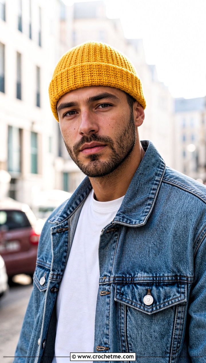 Ribbed Crochet Beanie With Denim Jacket - 25 crochet hat ideas for men