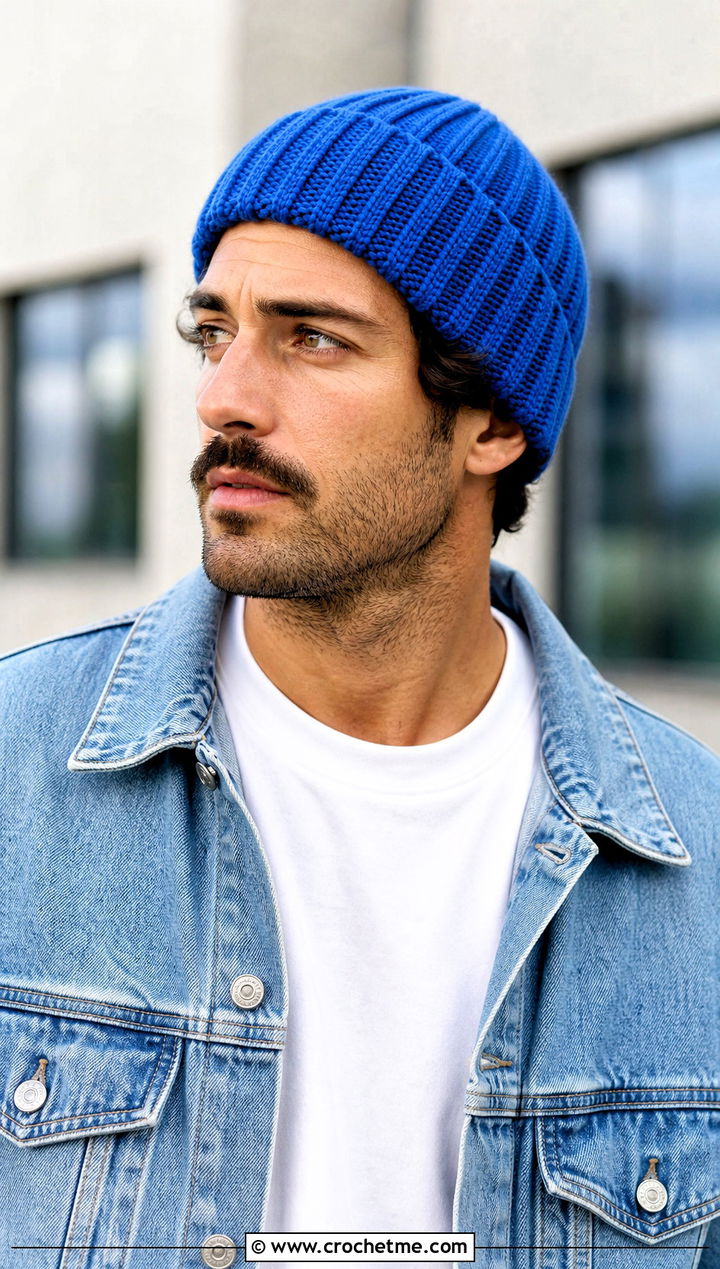 Ribbed Crochet Beanie With Denim Jacket - 15 Crochet Men's Hats outfit ideas