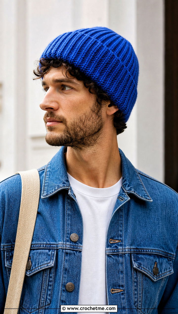Ribbed Crochet Beanie With Denim Jacket - 15 Easy Crochet Mens Hat outfit ideas