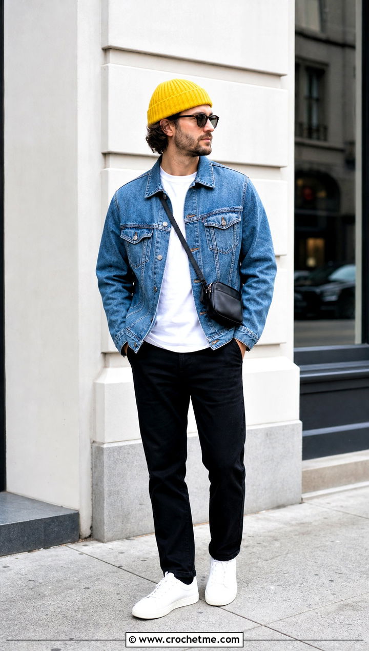 Ribbed Crochet Beanie With Denim Jacket - 35 crochet hat for man outfit ideas